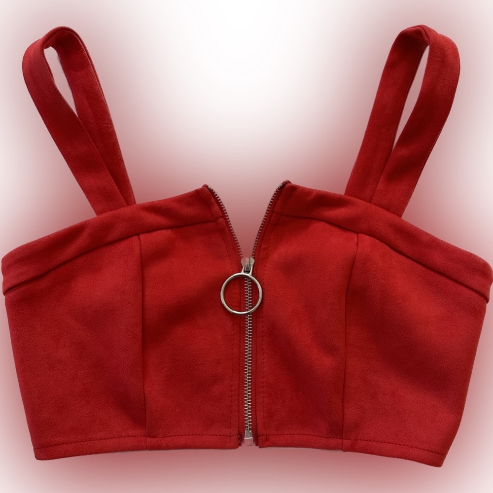 Seek The Label Red Faux Suede Zippered Crop Top Size XS